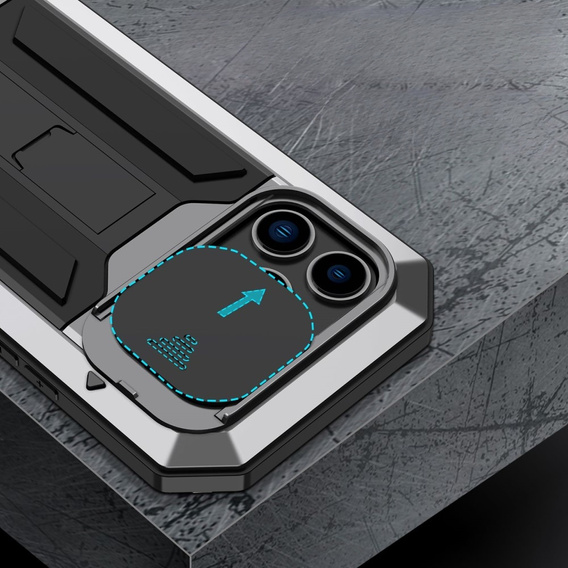 Чехол для iPhone 14 Pro, R-JUST CamShield Slide, бронированный, серебряный / черный