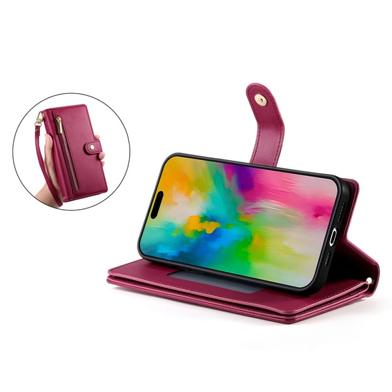 Откидной чехол для iPhone 16 Pro Max, Wallet Zipper Pocket, красный