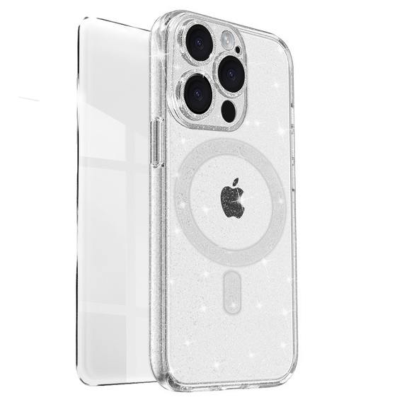 Чохол для iPhone 16 Pro, ERBORD Glitter MagSafe, прозорий + Скло для екрану