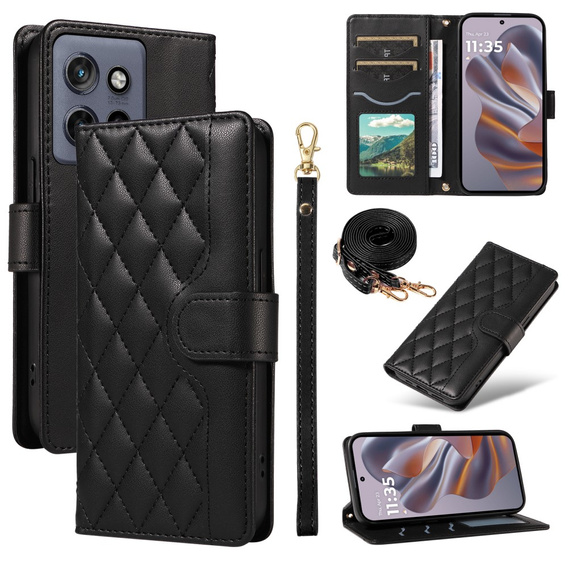 Чохол-сумка для Motorola Edge 50 Neo / Motorola ThinkPhone 25, Rhombus Crossbody Leather, чорний