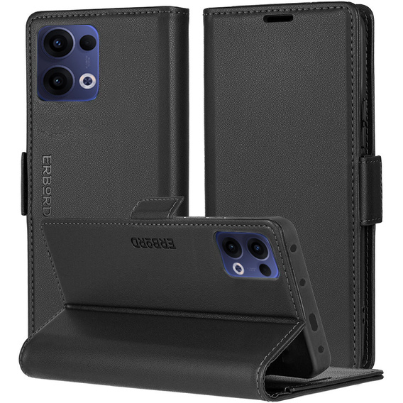 Чохол для Oppo Reno 13, ERBORD Glossy Litchi, гаманець з клапаном, чорний