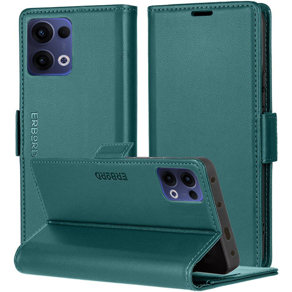 Чохол для Oppo Reno 13, ERBORD Glossy Litchi, гаманець з клапаном, зелений