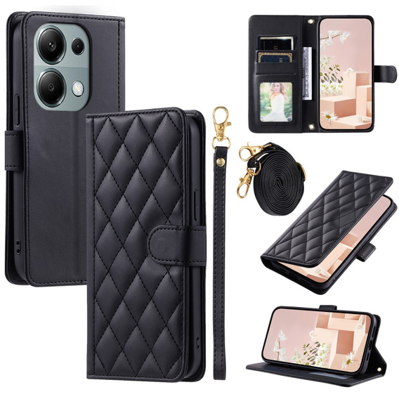 чехол-крышка для Xiaomi Redmi Note 13 Pro 4G / Xiaomi Redmi Note 14S / Xiaomi Poco M6 Pro 4G, Rhombus Crossbody Leather, чёрный