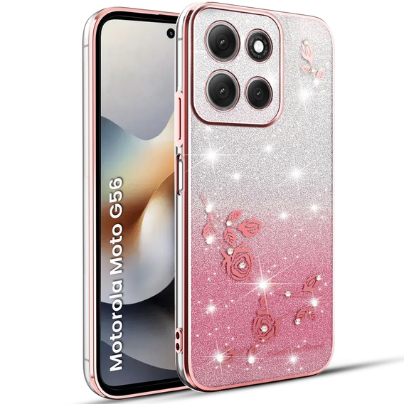 Чохол для Motorola Moto G56 5G, Glitter Flower, рожевий rose gold