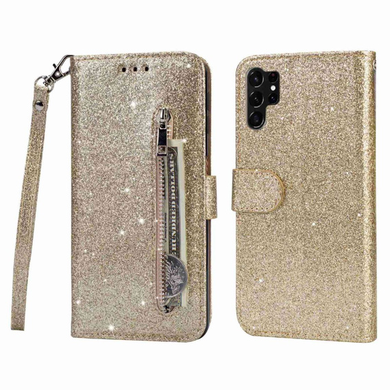 Откидной чехол для Samsung Galaxy S24 Ultra, Wallet Zipper Pocket Glittery, золотой