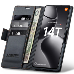 Чохол для Xiaomi 14T, ERBORD Glossy Litchi, гаманець з клапаном, чорний
