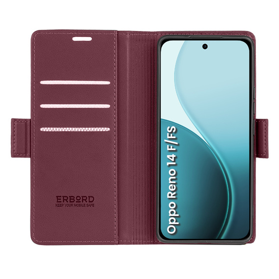 Чохол для Oppo Reno 14 F / 14 FS, ERBORD Glossy Litchi, гаманець з клапаном, червоний