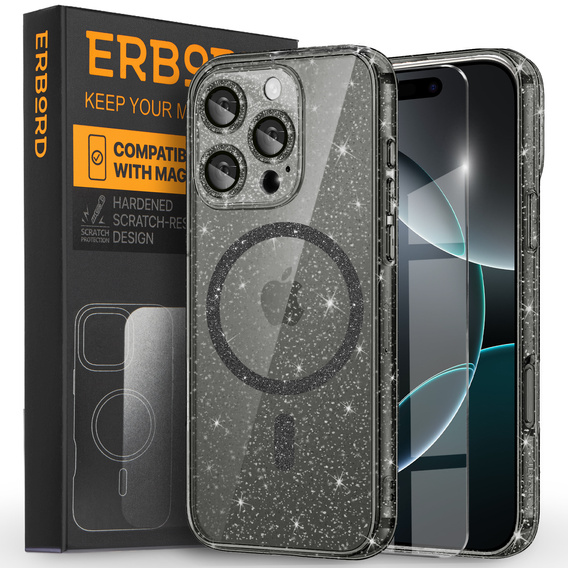 Чехол для iPhone 16 Pro, ERBORD Glitter MagSafe, чёрный + стекло для экрана