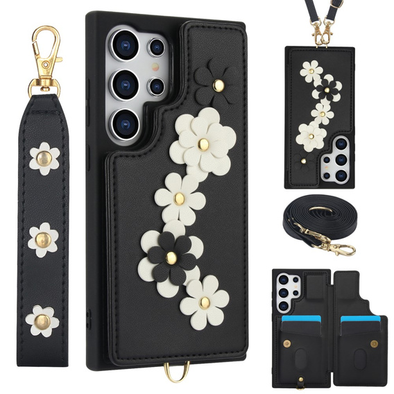 Чохол для Samsung Galaxy S25 Ultra, Leather Flower Card Slot, чорний
