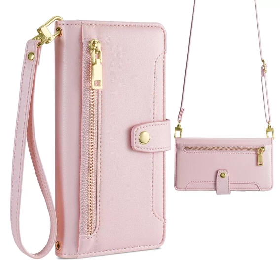 Откидной чехол для iPhone 16E, Wallet Zipper Pocket, розовый