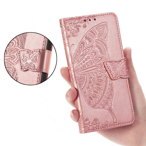 Откидной чехол для Xiaomi Poco F6, Butterfly, розовый rose gold