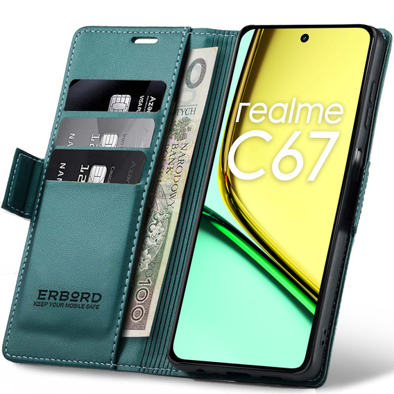 Чохол для Realme C67 4G, ERBORD Glossy Litchi, гаманець з клапаном, зелений