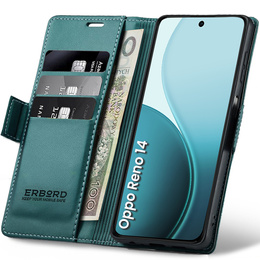 Чохол для Oppo Reno 14, ERBORD Glossy Litchi, гаманець з клапаном, зелений