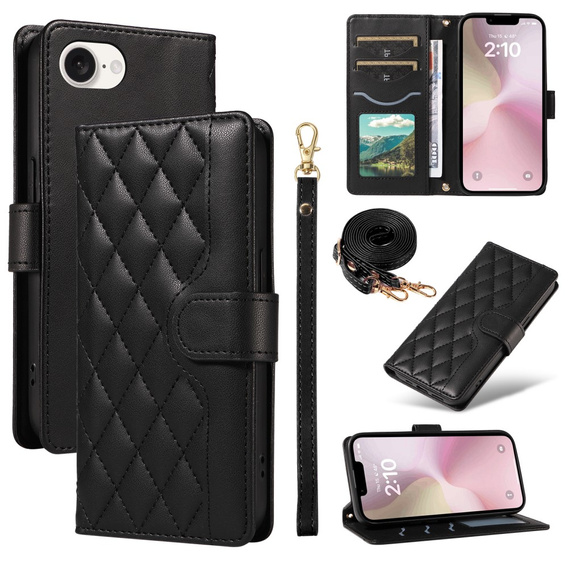 чехол-крышка для iPhone 16E, Rhombus Crossbody Leather, чёрный