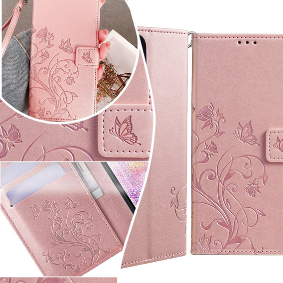 Чохол-книжка для Motorola Moto E14, Butterfly, рожевий rose gold