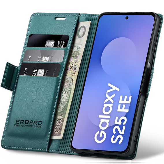 Чехол для Samsung Galaxy S25 FE, ERBORD Glossy Litchi, кошелек с клапаном, зелёный