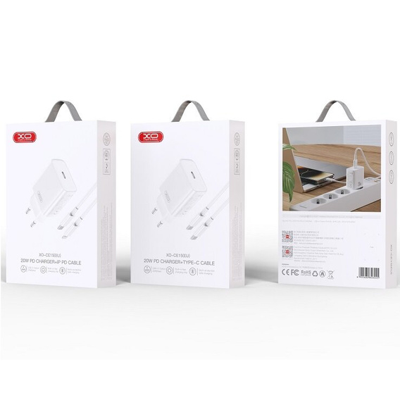 Мережевий зарядний пристрій XO CE12, USB-C, 20 Вт + USB-C - кабель блискавки, білий