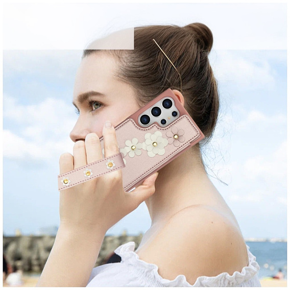 Чохол для Samsung Galaxy S25 Ultra, Leather Flower Card Slot, рожевий