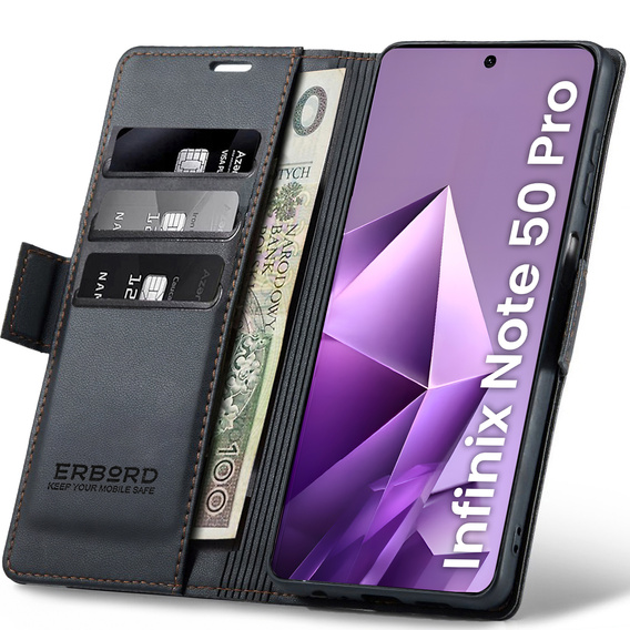 Чохол для Infinix Note 50 Pro, ERBORD Glossy Litchi, гаманець з клапаном, чорний