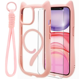 Чохол для iPhone 11, для MagSafe, Cute Cat, рожевий + захисне скло