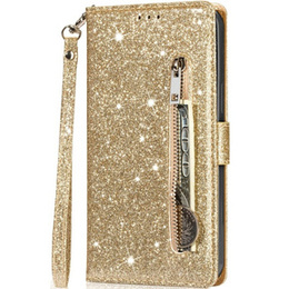 Откидной чехол для Samsung Galaxy A55, Wallet Zipper Pocket Glittery, золотой