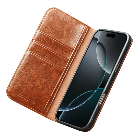 Флип-кейс QIALINO из натуральной коровьей кожи для iPhone 17 Pro Max, коричневый