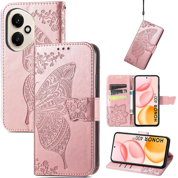 Чохол-книжка для Honor 400 5G, Butterfly, рожевий rose gold