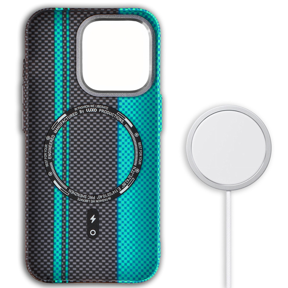 Чохол для iPhone 13 Pro Max, Carbon Fiber MagSafe, чорний / синій
