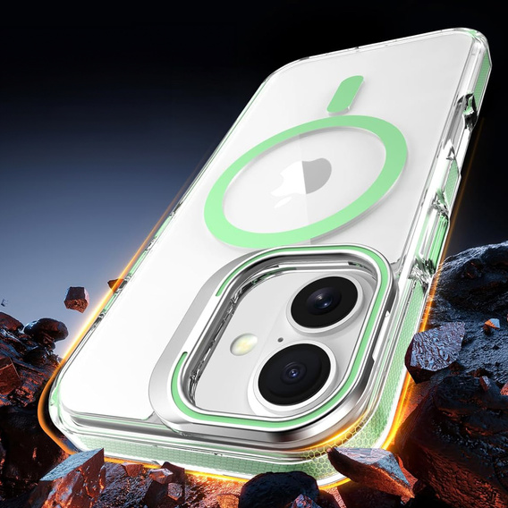 Чехол для iPhone 17, для MagSafe, с подставкой, прозрачный с зелеными вставками
