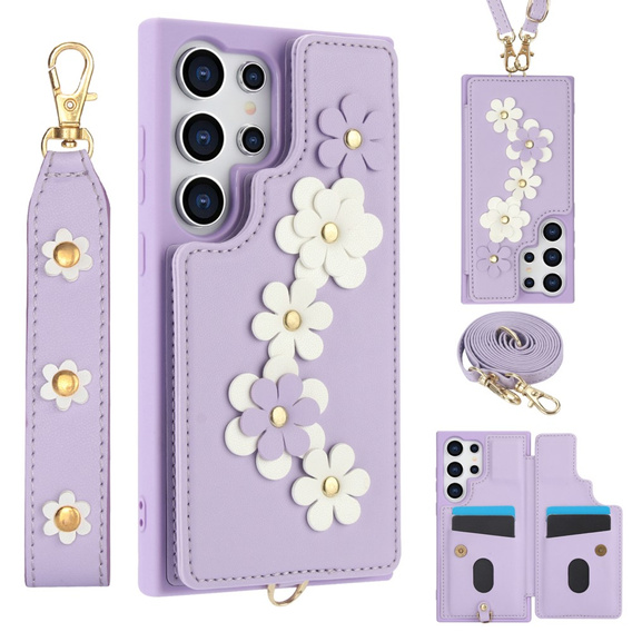 Чехол для Samsung Galaxy S25 Ultra, Leather Flower Card Slot, фиолетовый