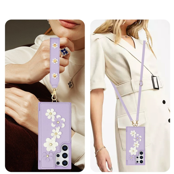Чехол для Samsung Galaxy S25 Ultra, Leather Flower Card Slot, фиолетовый