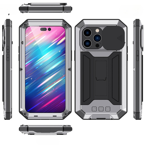 Чохол для iPhone 14 Pro, R-JUST CamShield Slide, броньований, сріблястий / чорний