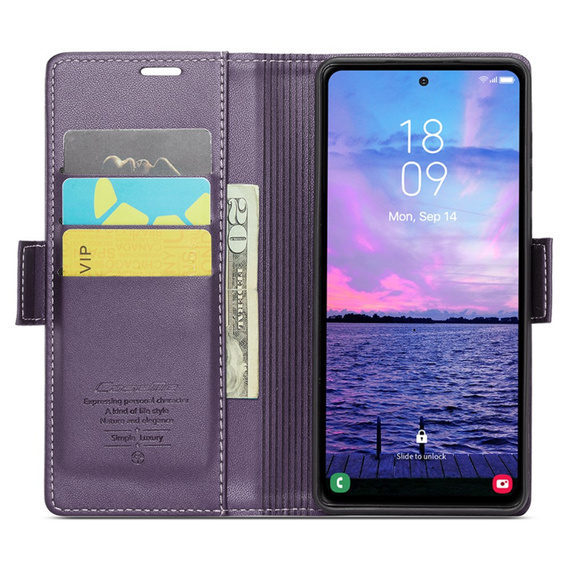 Откидной чехол для Samsung Galaxy S23 FE, CASEME Wallet, тёмно-фиолетовый + 9H стекло