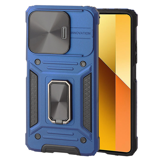 Бронированный чехол для Xiaomi Redmi Note 13 5G, CamShield Slide, синий + закаленное стекло 9H