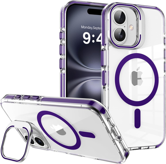 Чехол для iPhone 17, для MagSafe, с подставкой, прозрачный с фиолетовыми вставками