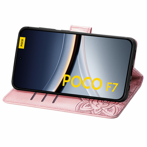 Откидной чехол для Xiaomi Poco F7, Butterfly, розовый rose gold