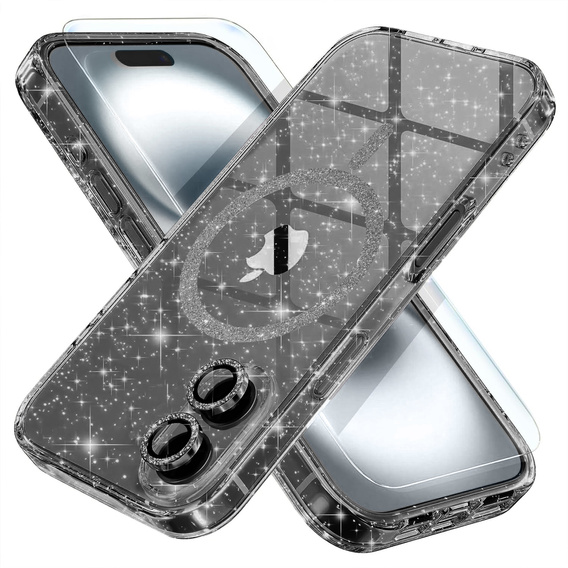 Чохол для iPhone 16, ERBORD Glitter MagSafe, чорний + Скло для екрану