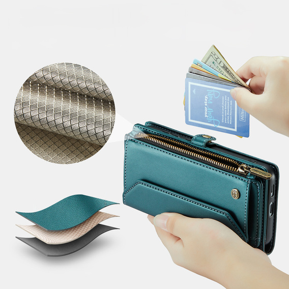 Чехол CASEME для Samsung Galaxy S25 FE, RFID Leather Wallet, с плечевым ремнем, зелёный