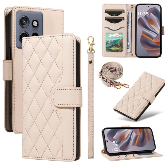 Чохол-сумка для Motorola Edge 50 Neo / Motorola ThinkPhone 25, Rhombus Crossbody Leather, бежевий
