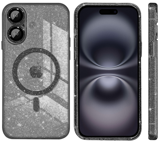 Чохол для iPhone 16, ERBORD Glitter MagSafe, чорний + Скло для екрану