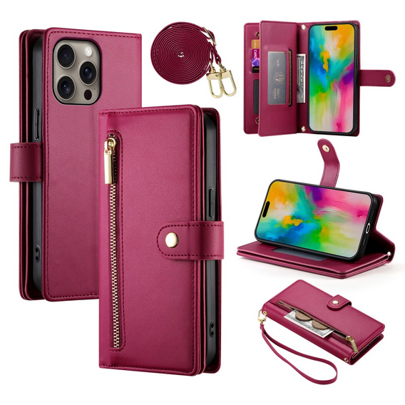 Откидной чехол для iPhone 16 Pro Max, Wallet Zipper Pocket, красный
