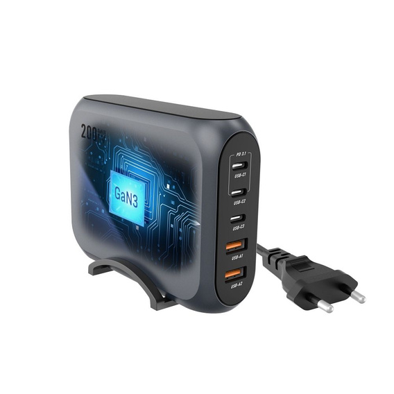 FORCELL Настольное зарядное устройство 3x USB Type-C 2x USB-A 200W 5A GaN PD QC4.0, серый