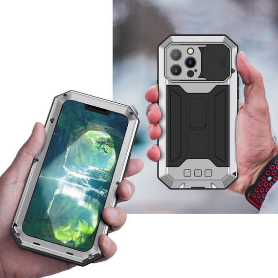 Чехол для iPhone 13 Pro, R-JUST CamShield Slide, бронированный, серебряный / черный