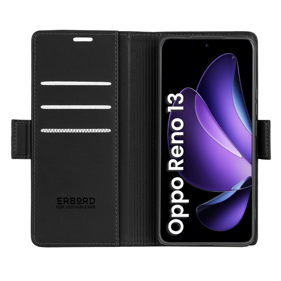 Чохол для Oppo Reno 13, ERBORD Glossy Litchi, гаманець з клапаном, чорний
