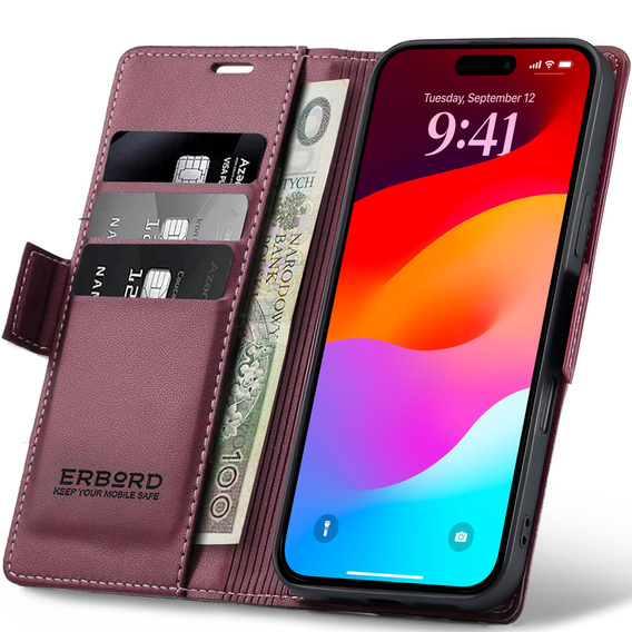 Чехол ERBORD Glossy Litchi, флип-кошелек для iPhone 17 Pro Max