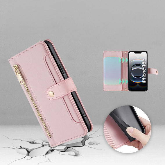 Откидной чехол для iPhone 16E, Wallet Zipper Pocket, розовый