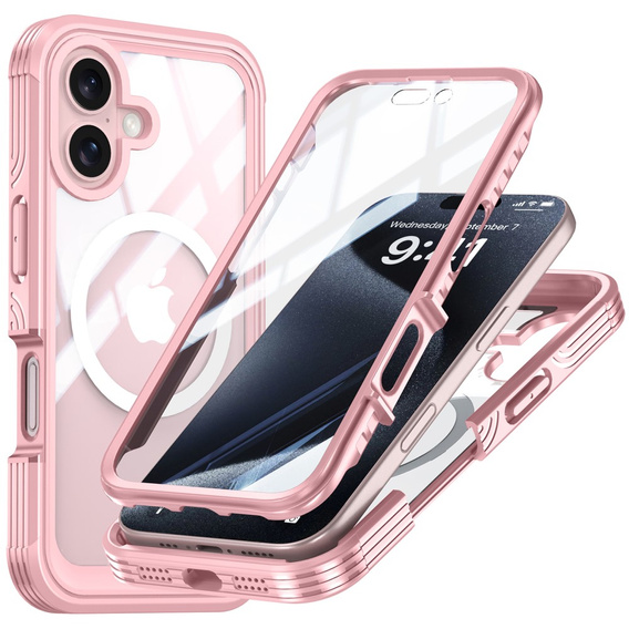 Чехол для iPhone 16, Shockproof, со стеклом, для MagSafe, розовый