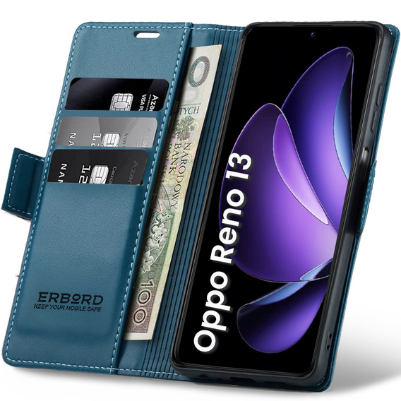Чохол для Oppo Reno 13, ERBORD Glossy Litchi, гаманець з клапаном, м'яти