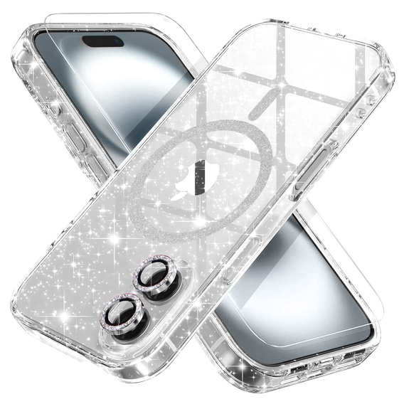 Чохол для iPhone 16, ERBORD Glitter MagSafe, прозорий + Скло для екрану