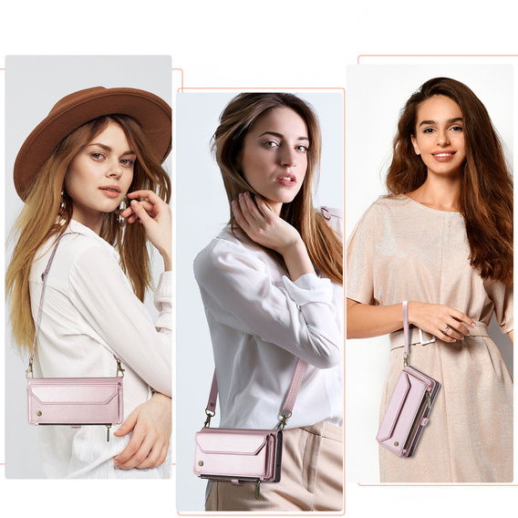Чехол CASEME для Samsung Galaxy S25 FE, RFID Leather Wallet, с плечевым ремнем, розовый